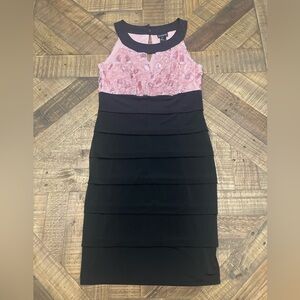 Enfocus Studio Pink and Black Rosette Bodice Tiered Midi Dress